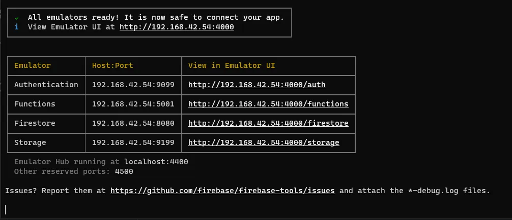 Firebase emulators running