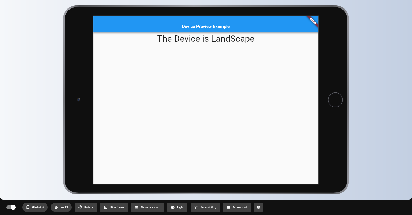 The Device Preview showing an iPad in Landscape Mode